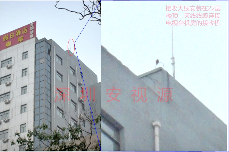 接收天线安装在22层楼顶，天线线缆连接电视台机房的接收机